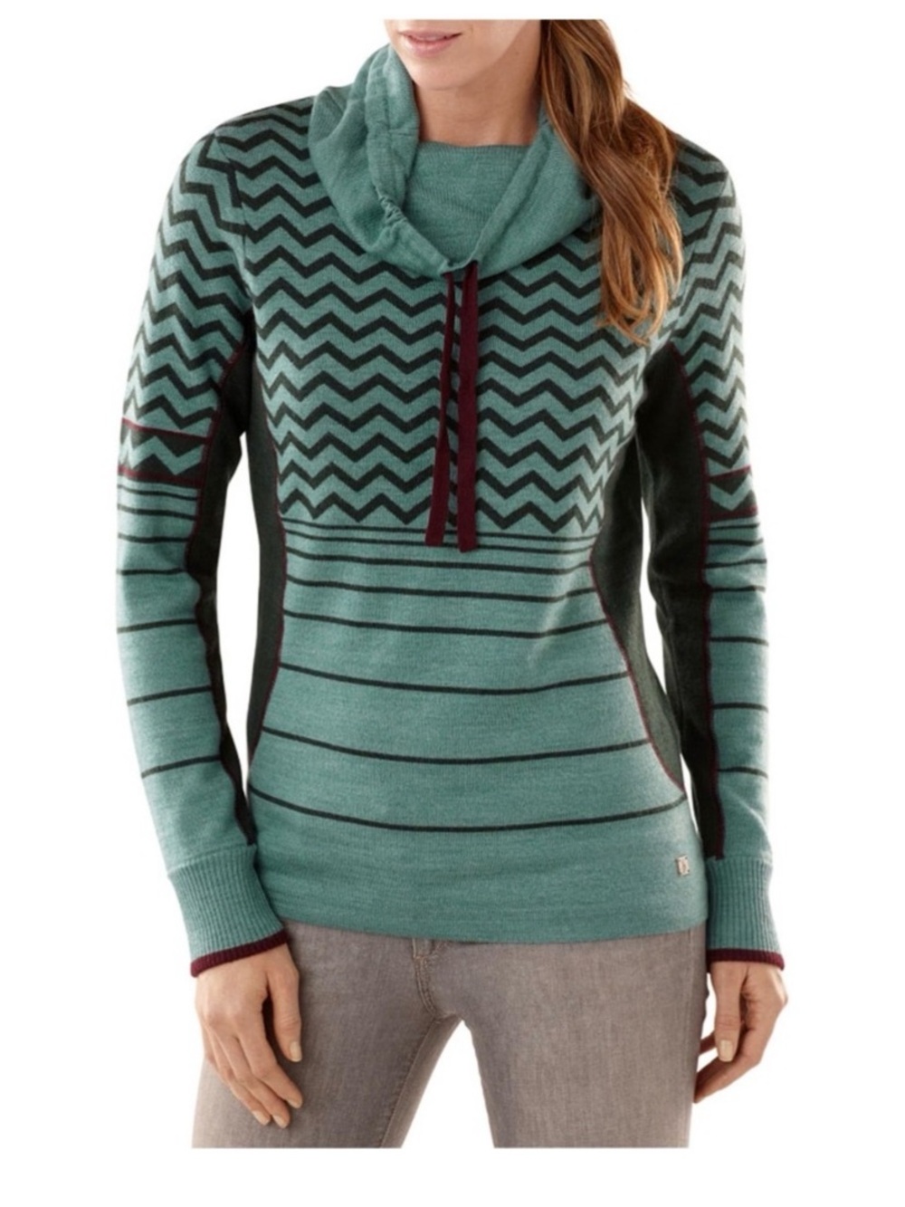 Smartwool Teal Merino Sweater Chevron & Stripe Cowl Neck Wool Warm Cozy